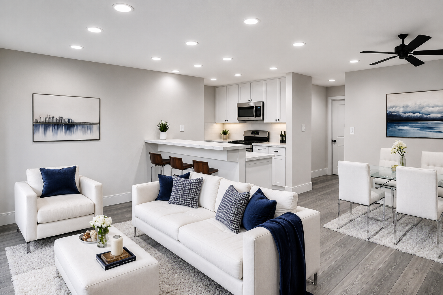 Residence 5 living area rendering, virtually staged