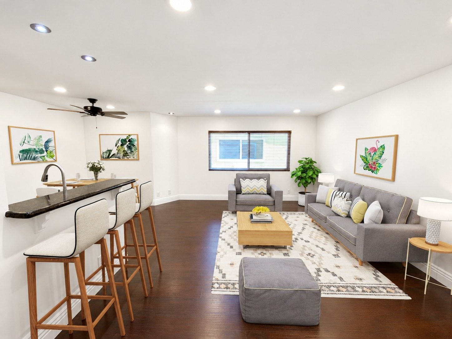 Residence 8 living room with breakfast bar, virtually staged